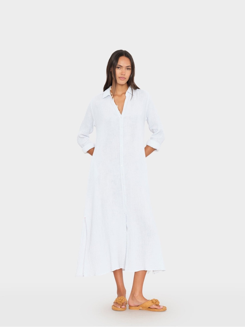 XiRENA pale sky boden gauze dress Long Button-Front Shirt Dress